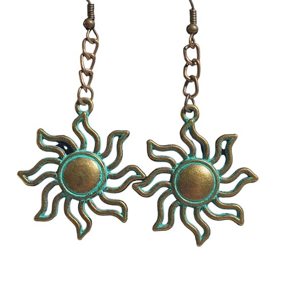 Sunburst Dangle Earrings Patina Chain Handmade Beach Boho Jewelry Core Earth - Picture 2 of 5